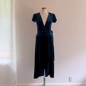 BHLDN Elegant Teal Blue Green Velvet Wrap Party Holiday Midi Dress